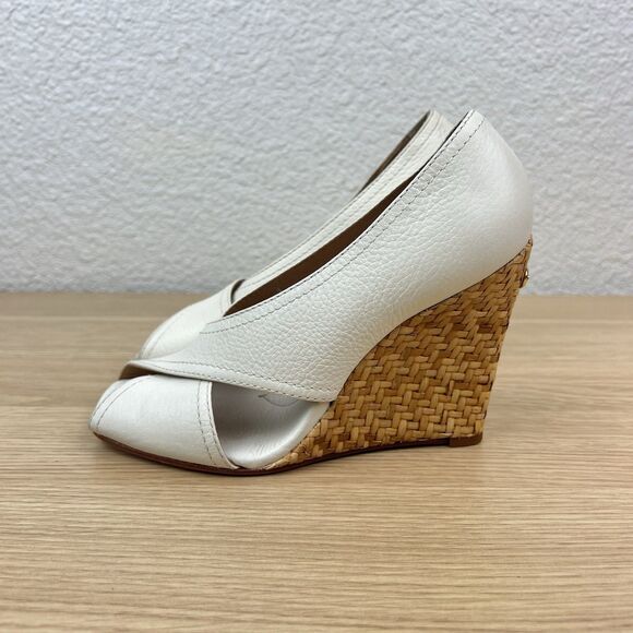 BCBG MaxAzria Raisa White Leather Wicker Wedge Sandal Women’s Sz 5.5B - Picture 2 of 8